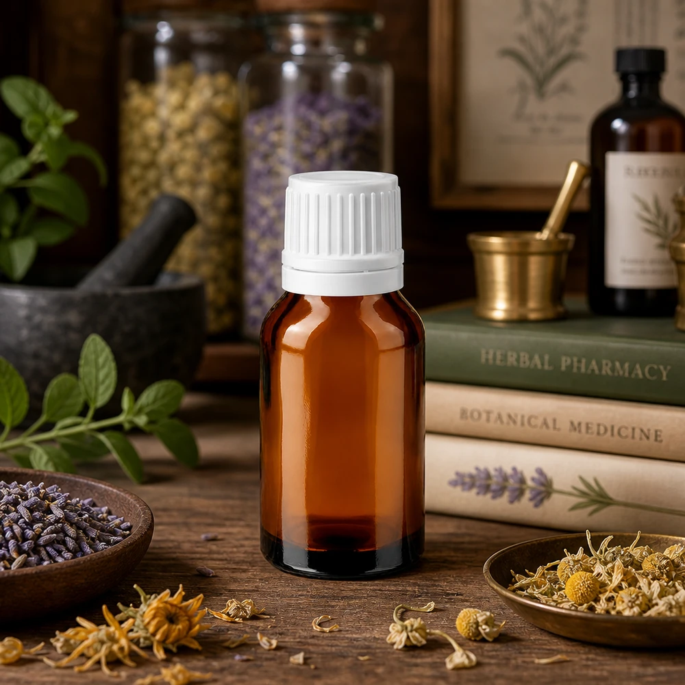 Frasco de farmácia castanho 30ml tampa de rosca branca fecho inviolável Frasco de farmácia castanho de 30 ml com tampa de rosca branca, entre livros de ervas e flores secas