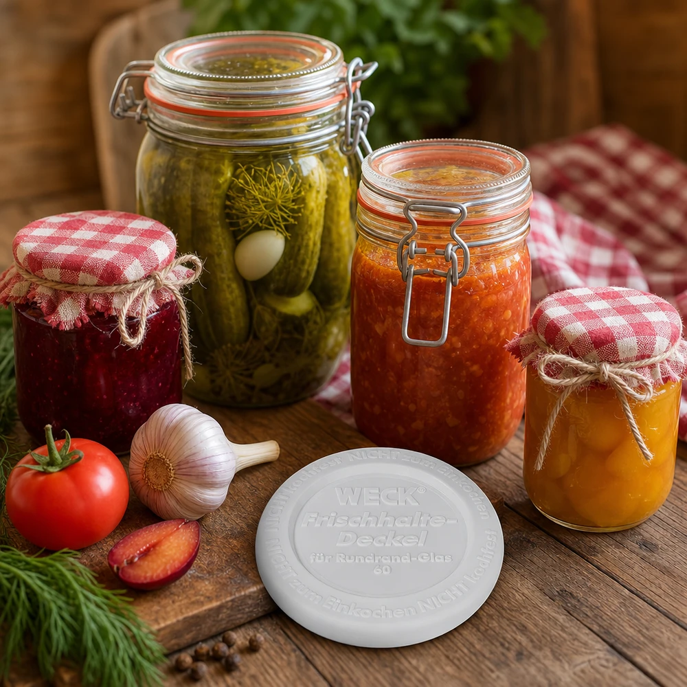 Tampa de conservação WECK RR60 WECK Frischhaltedeckel RR60 Einmachgläser mit hausgemachten Konserven Marmelade Gurken Tomaten rustikale Küche