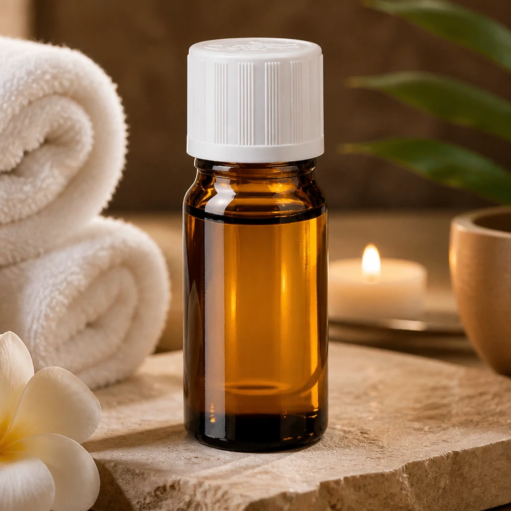 Frasco de vidro castanho de 5 ml com tampa de segurança para crianças branca, sobre uma pedra natural com flores e uma vela