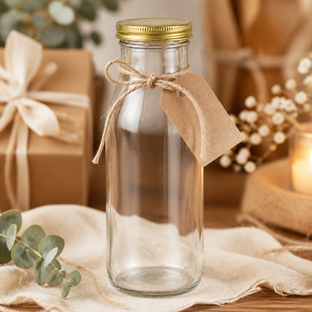 Frasco de 263 ml com tampa dourada UNiTWIST BioSeal UNiTWIST Bottle263 als Geschenkidee mit Bastband und Etikett in festlicher Dekoration mit goldenen TO43 BioSeal Deckel