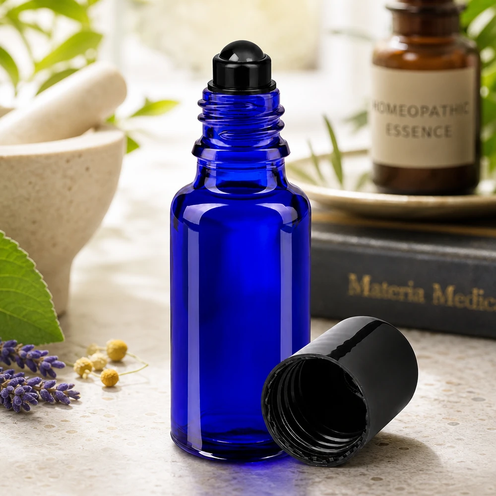 Frasco de farmácia azul 20ml tampa roll-on preto Frasco de vidro azul cobalto de 20 ml com bola rolante preta para óleos essenciais
