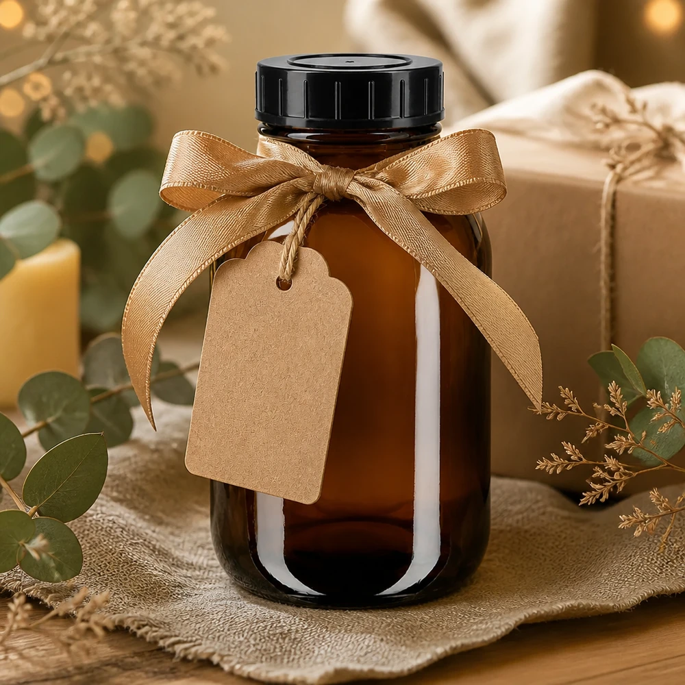 Frasco de vidro castanho de 500 ml com abertura larga e tampa de rosca, ideal para xaropes e tinturas