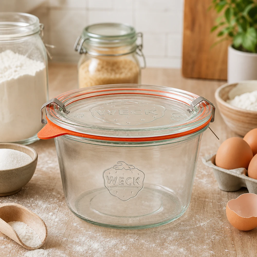 370ml Sturzglas komplett WECK RR100 O frasco de vidro vazio WECK 370ml RR100 na bancada da cozinha, entre os ingredientes de pastelaria, mostra a sua utilização versátil na pastelaria