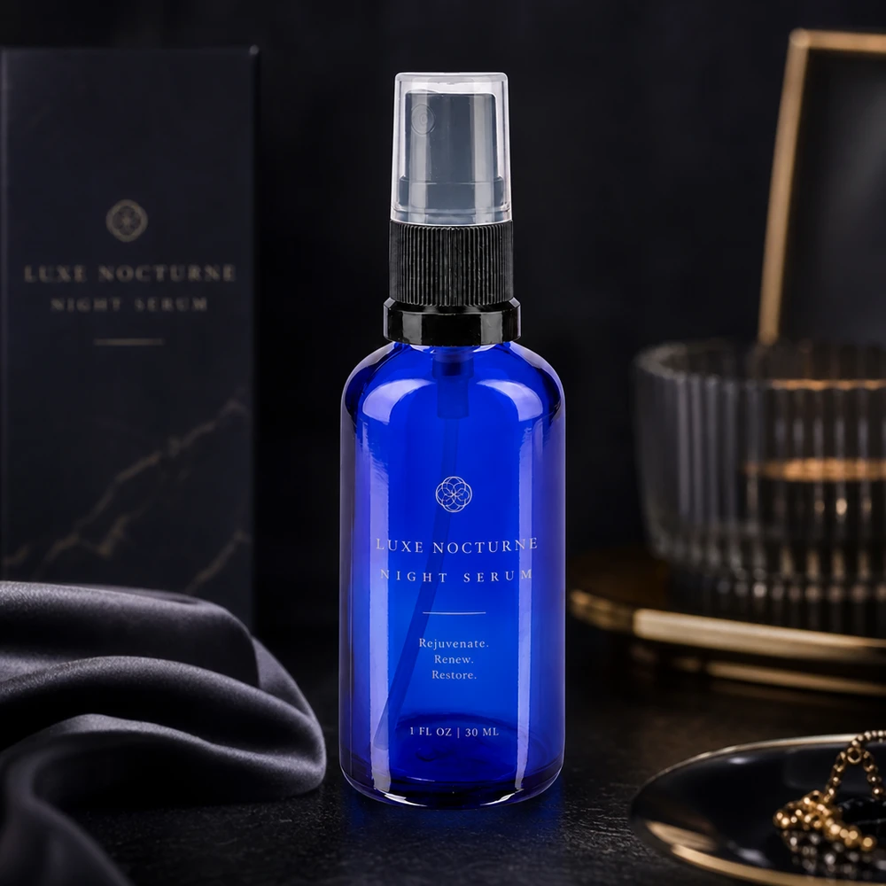Frasco de farmácia azul 50ml spray top preto Frasco de vidro azul com pulverizador de 30 ml e pulverizador preto, para embalagem de sérum noturno
