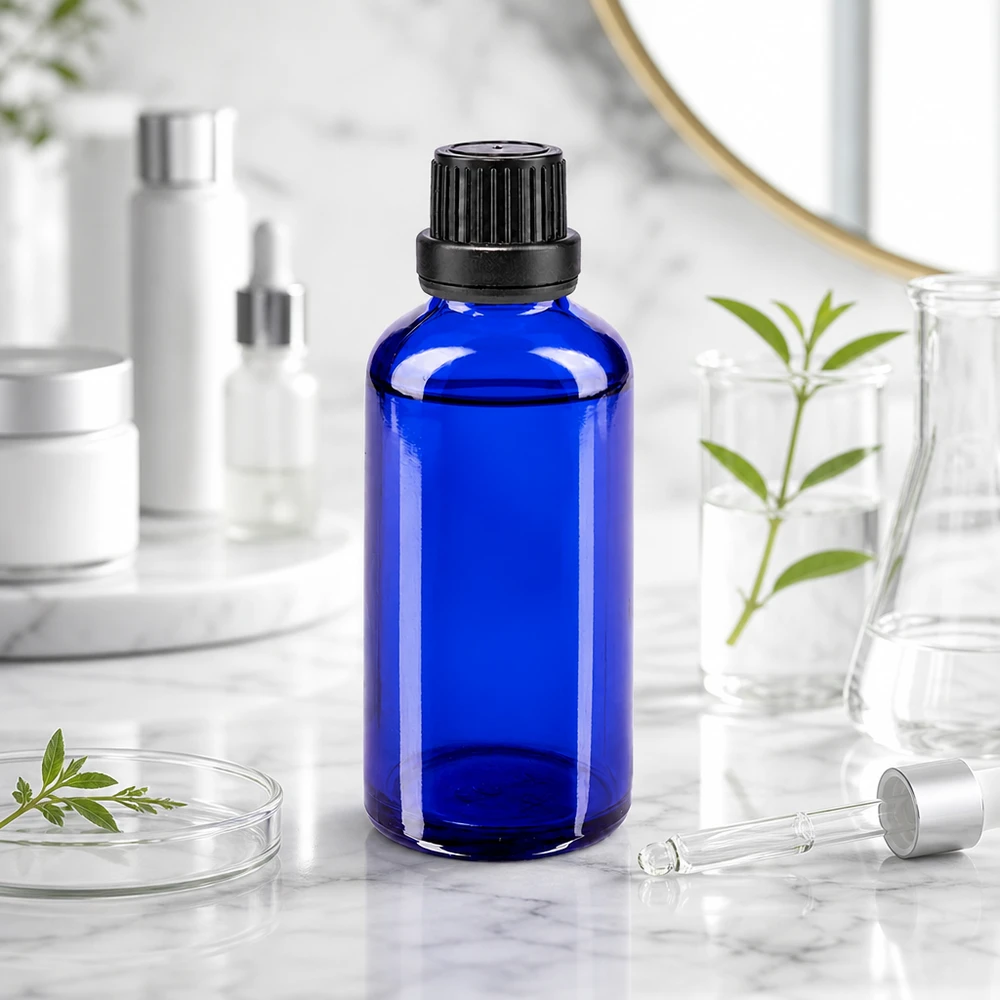 Frasco de vidro azul de 50 ml com tampa preta sobre uma superfície de mármore, ao lado de uma pipeta e de plantas verdes