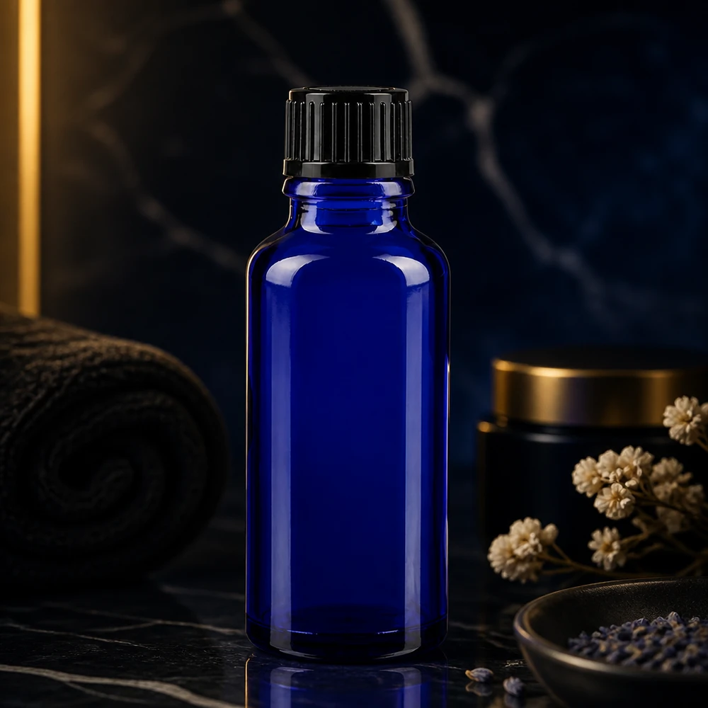 Frasco conta-gotas azul-escuro de 30 ml com tampa de rosca estriada, sobre um fundo de mármore preto com flores secas
