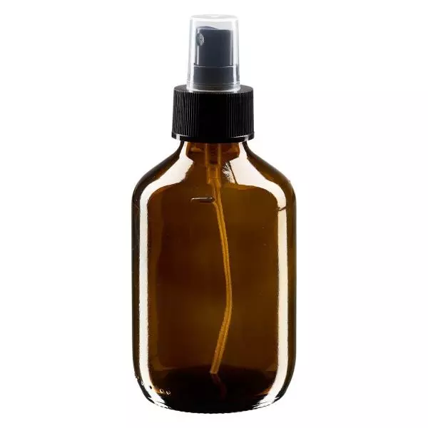 Frasco de medicamento de 200ml castanho, com bomba atomizadora preta ApoGlas Frasco de medicamento de 200ml castanho, com bomba atomizadora preta ApoGlas
