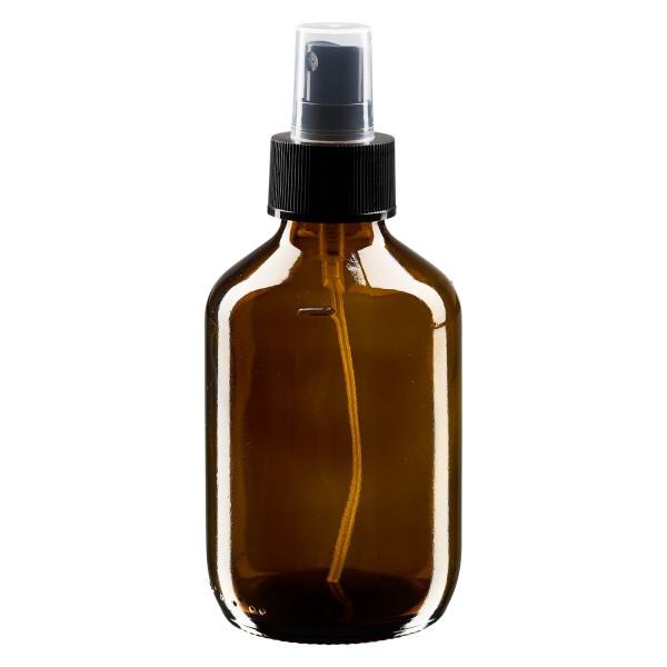 Frasco de medicamento de 200ml castanho, com bomba atomizadora preta ApoGlas