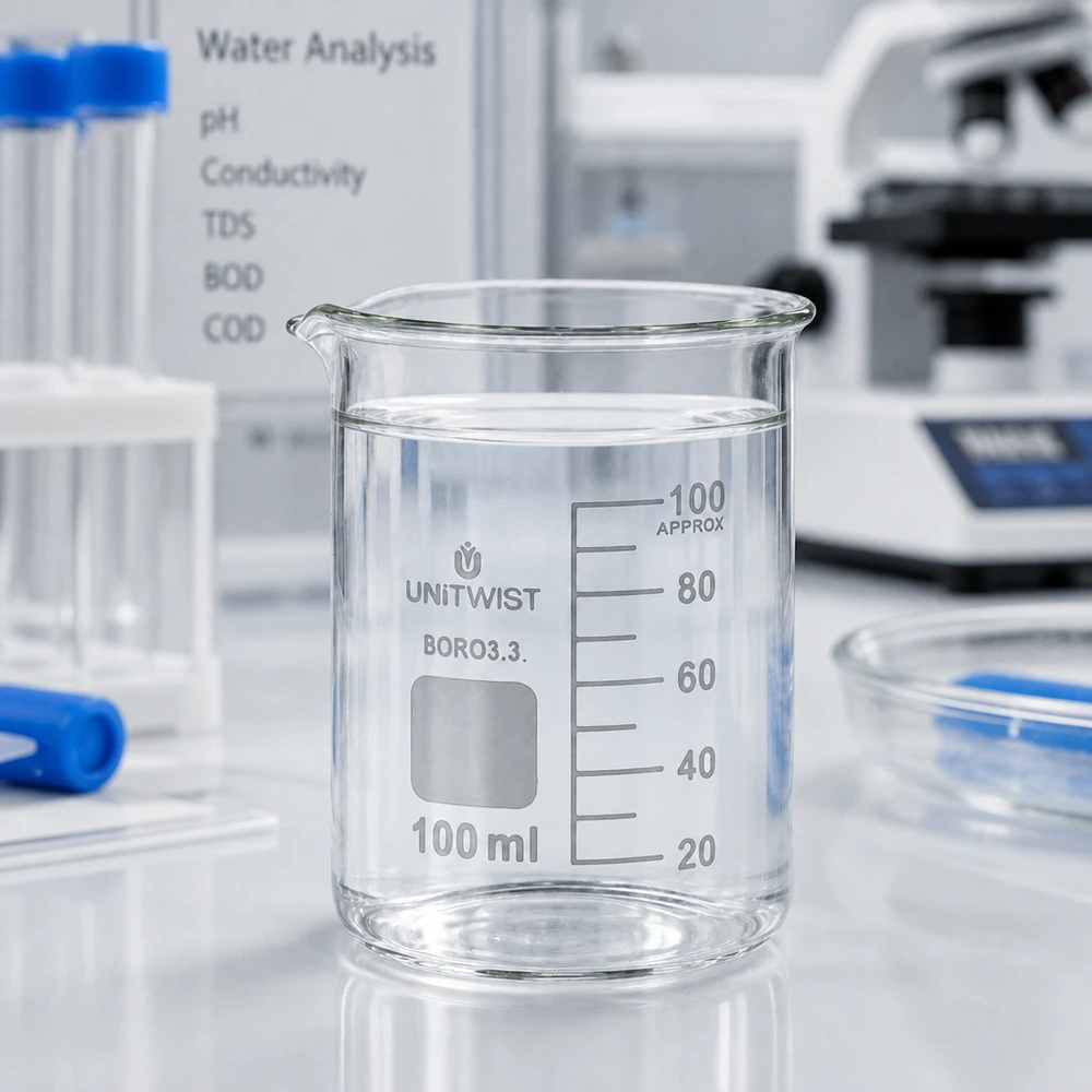 Copo 100 ml de borossilicato, baixo teor de bolor UNiTWIST Copo de vidro de 100 ml, de formato baixo, com água pura para análise da água: pH, condutividade, TDS, DBO e DQO