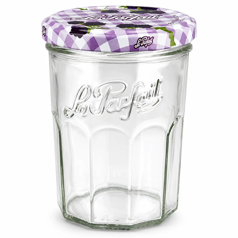 Copos Le Parfait 385 ml com tampa de rosca axadrezada roxa para compotas e conservas em vidro transparente