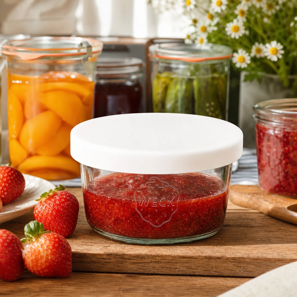 Frasco de vidro WECK de 165 ml com tampa de silicone branca cheio de compota de morango ao lado de morangos frescos numa tábua de madeira