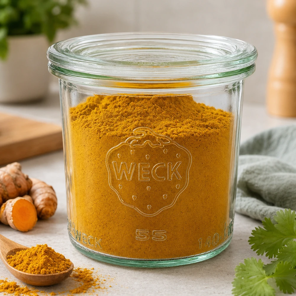 WECK Frasco de vidro cónico de 140 ml com tampa de vidro RR60 | Qualidade Premium WECK Sturzglas 140ml RR60 mit Kurkumapulver gefüllt zeigt Verwendung als Gewürzglas neben frischem Kurkuma