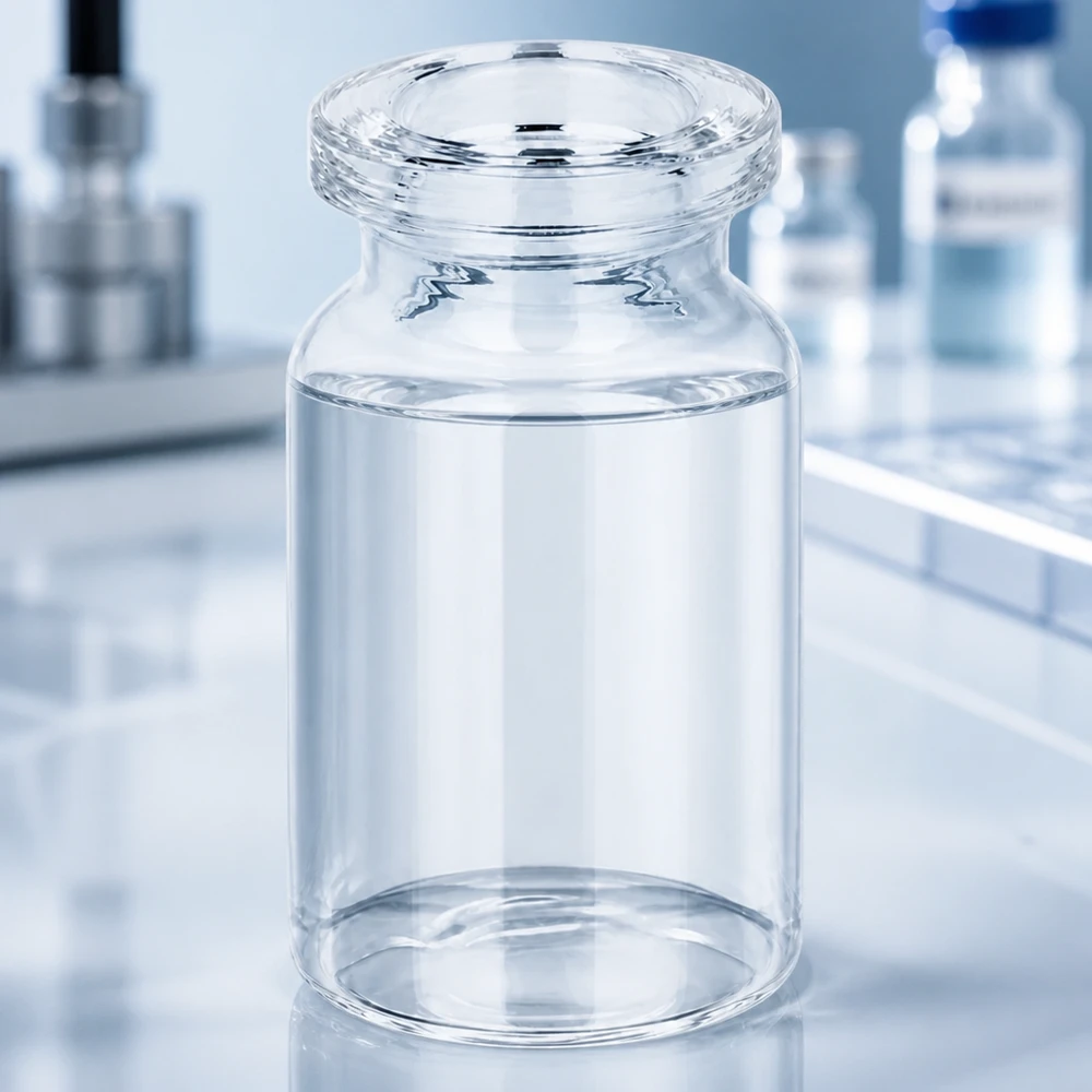 Frasco de injeção de vidro transparente 5ml Kompakte Injektionsflasche Klarglas 5ml in modernem Laborumfeld für flüssige Arzneimittelformulierungen