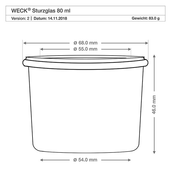 Conjunto de 48 copos de vidro Weck de 80ml Desenho técnico dos copos WECK 80ml RR60 com dimensões e especificações para cozinha e armazenamento