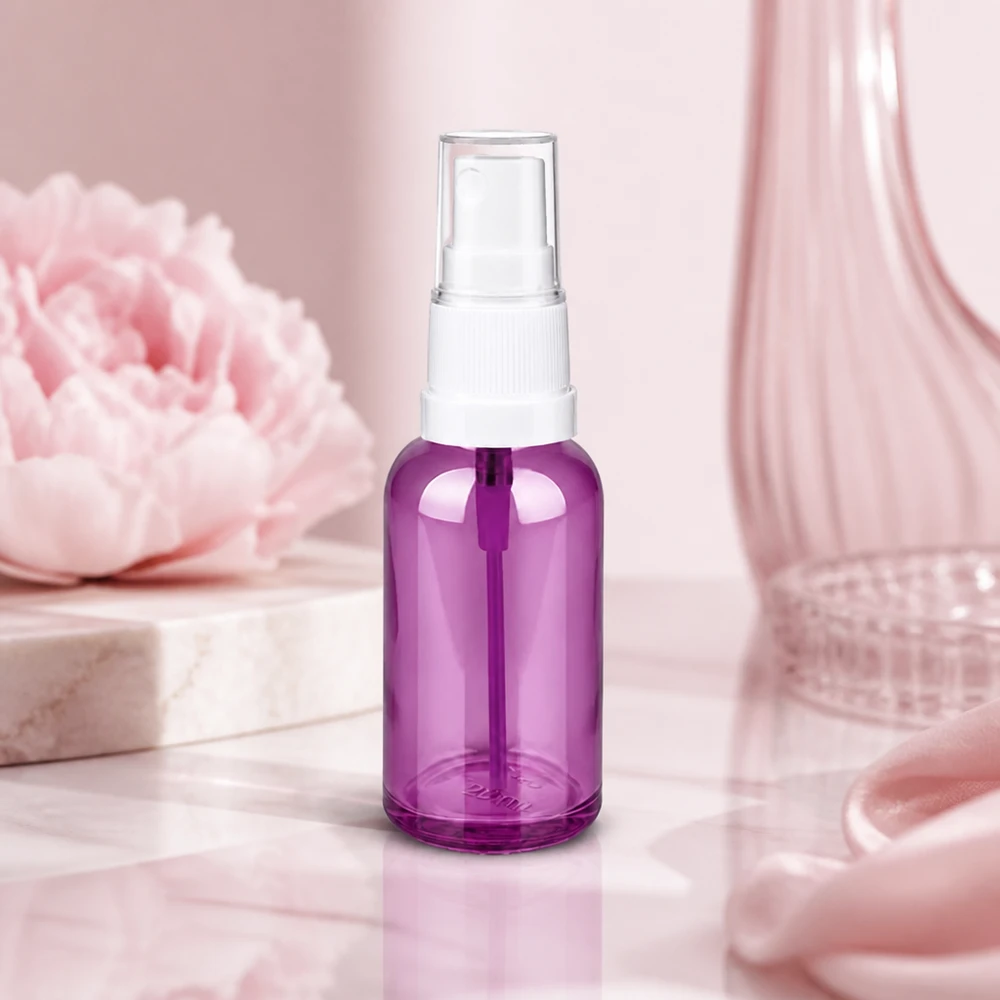 Frasco compacto de 30 ml com design elegante em roxo para utilização móvel de sprays