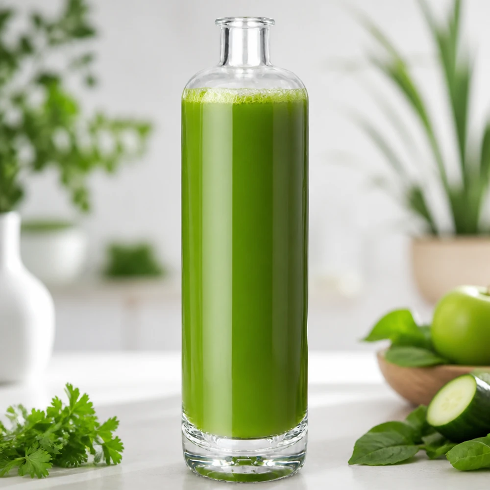 Garrafa de vidro de 700 ml de Ella cheia de batido verde na cozinha decorada com ervas e legumes frescos