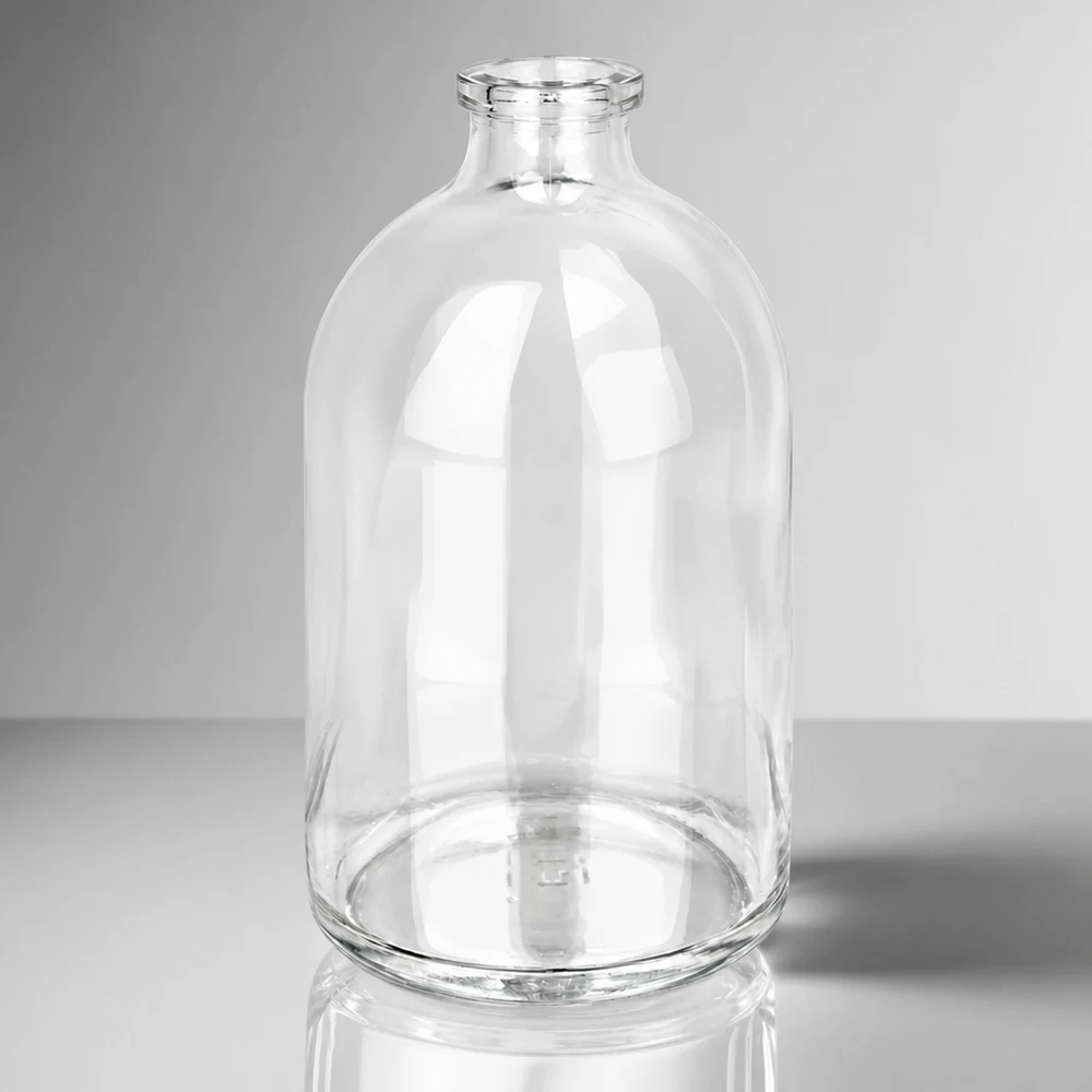 Frasco de injeção de vidro transparente 100ml Zylindrische Pharmaglasflasche 100ml mit geradem Standring und konisch zulaufendem Hals