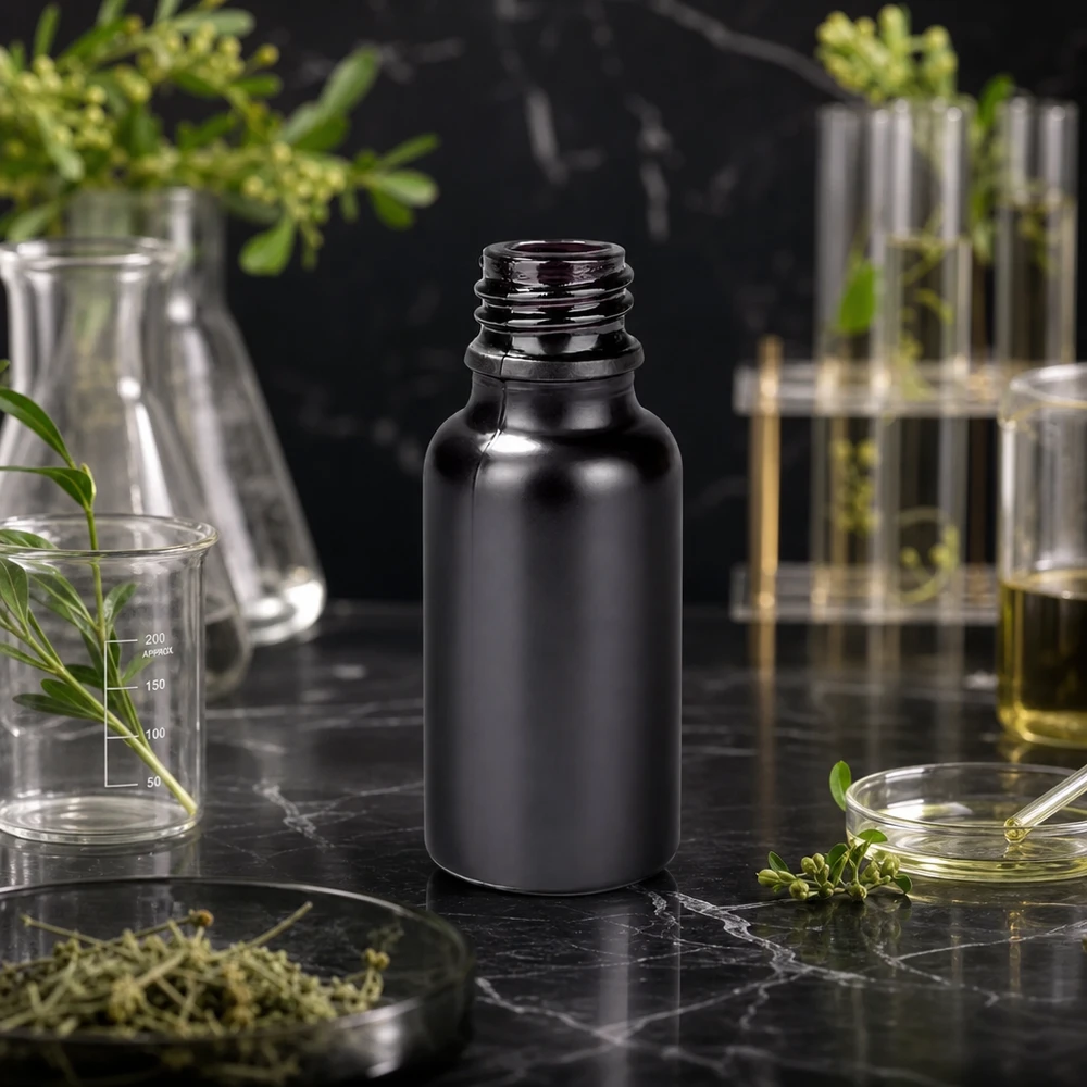 Frasco dispensador de 20 ml BlackLine UT18/20 UNiTWIST Frasco de vidro preto de 20 ml UT18/20 UNiTWIST para óleos aromaterapêuticos e extractos de ervas