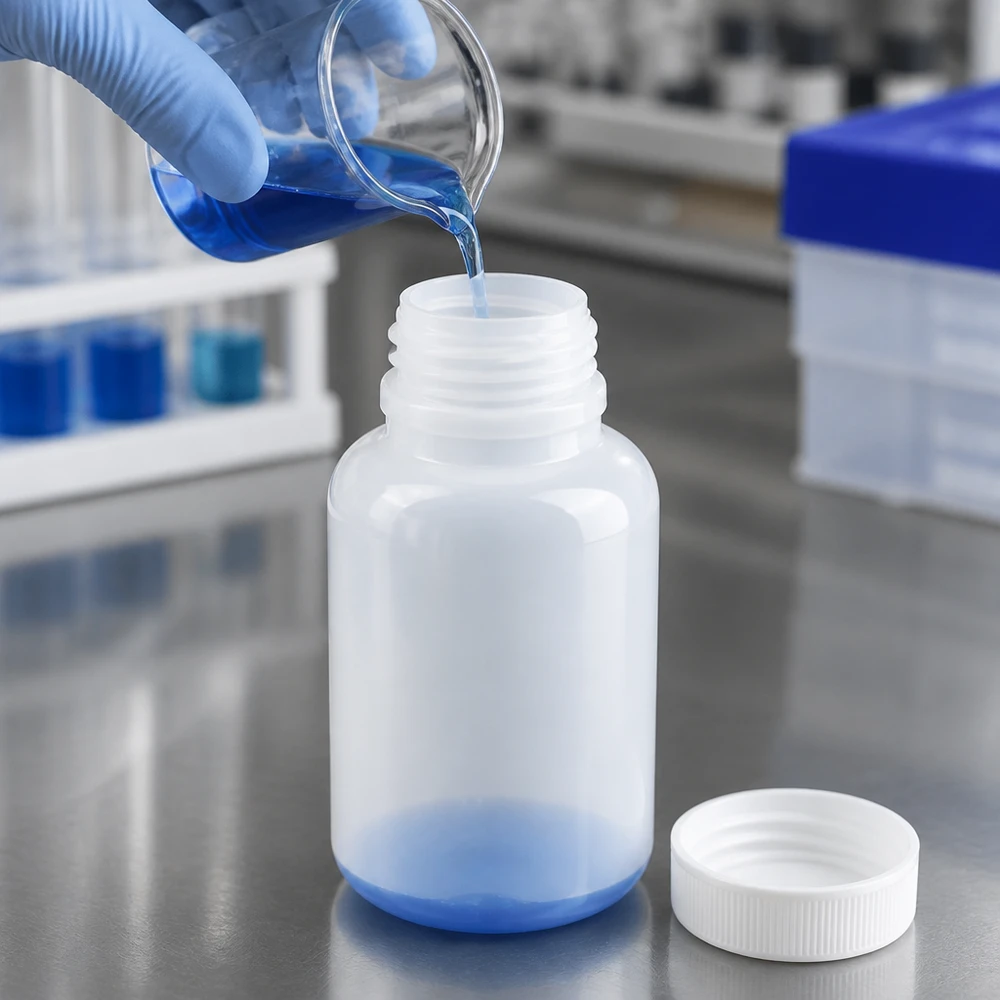 Frasco de laboratório de 250 ml com gargalo largo e sem tampa O líquido azul é vertido de um copo de bécher para um frasco de laboratório de gargalo largo com 250 ml, sem tampa
