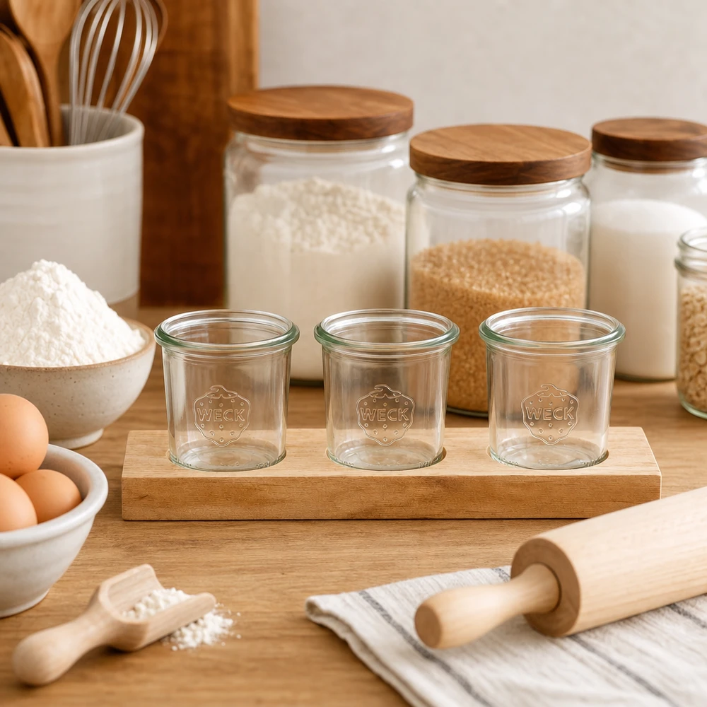 Frascos WECK vazios de 140 ml em tábua de madeira Plano3 na cozinha com ingredientes de pastelaria, farinha, ovos e rolo da massa para pastelaria