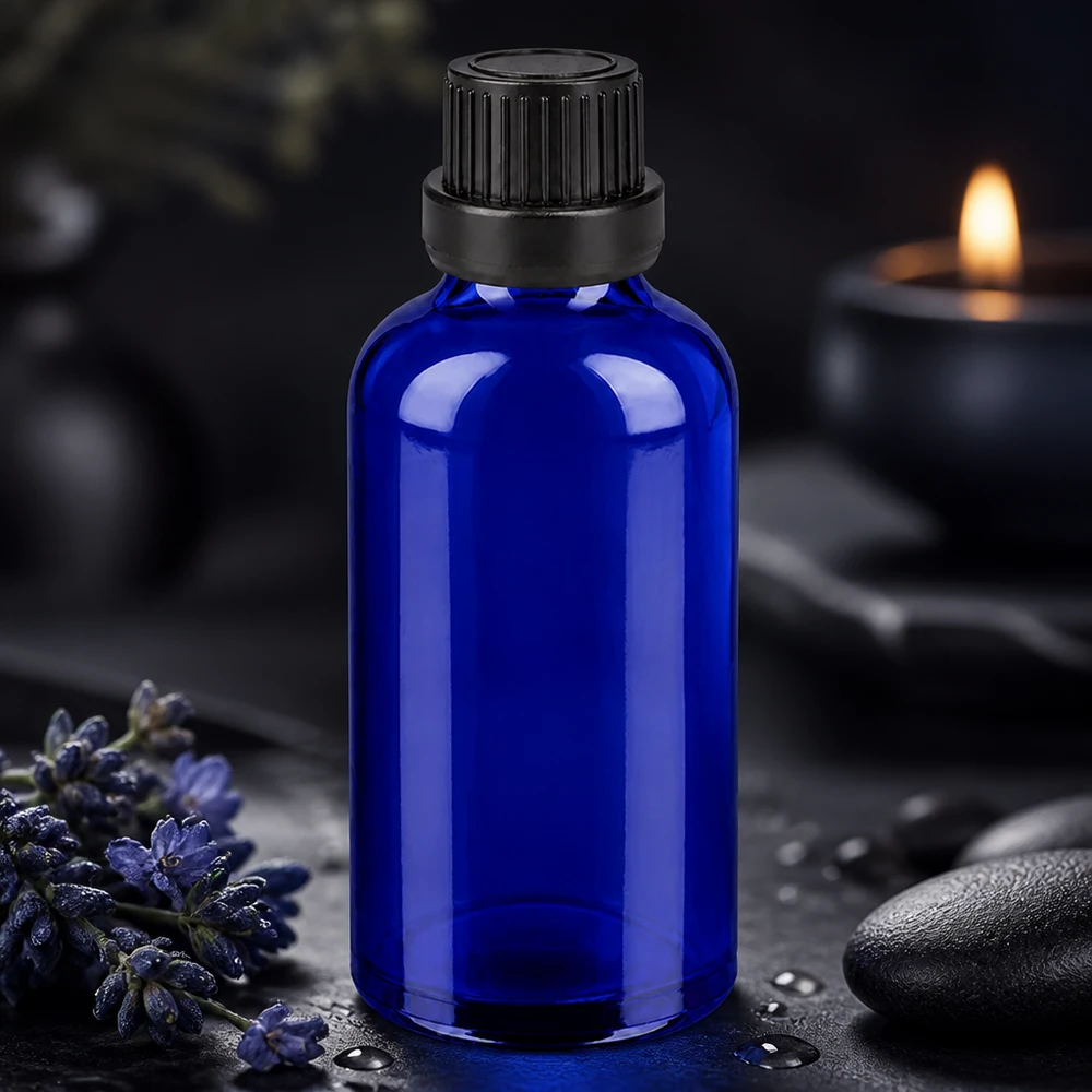 Frasco de vidro azul elegante de 50 ml com tampa inviolável preta para uso profissional