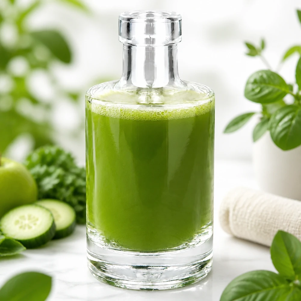 200ml Glasflasche "Marie" ohne Verschluss UNiTWIST Garrafa de vidro de 200 ml Marie cheia de batido verde rodeado de pepinos e plantas estilo de vida saudável e nutritivo