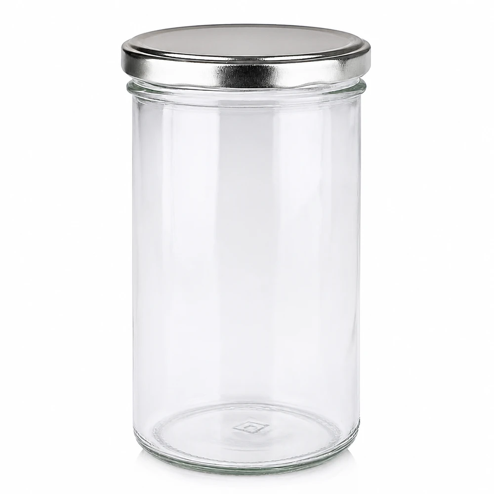 Frasco de vidro de 277 ml com tampa BasicSeal prateada vazio sobre fundo branco Frasco de conserva Frasco de armazenamento