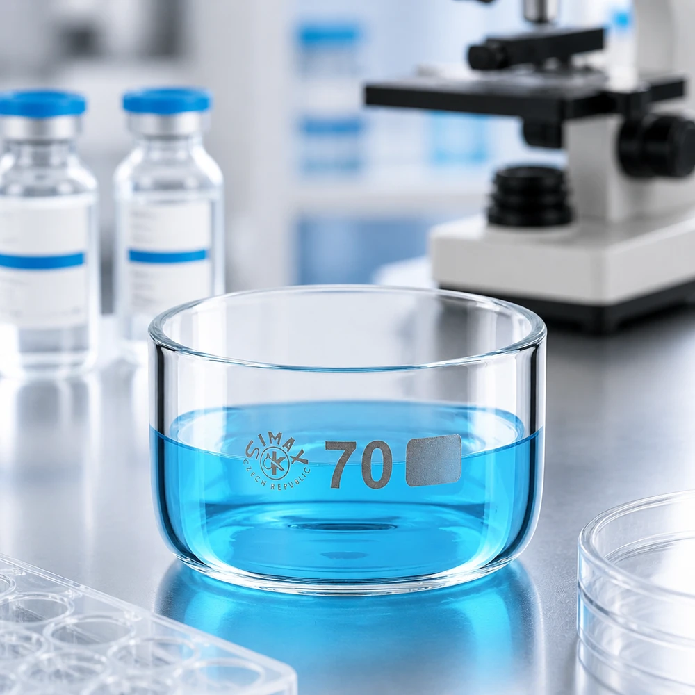 Bandeja de cristalização Simax de 100 ml cheia de líquido azul, entre frascos de laboratório e um microscópio
