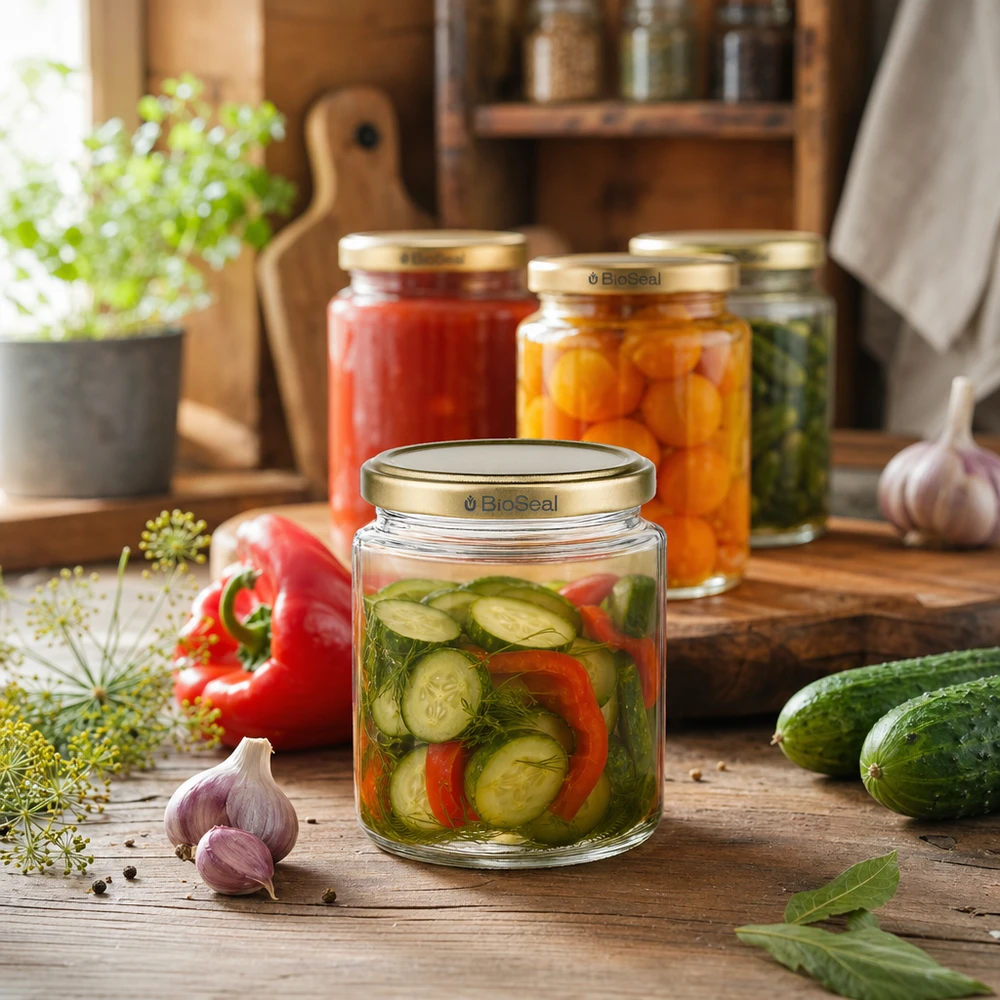 Frasco de mel BioSeal de 250 ml como frasco de conserva para pepinos e legumes em conserva, tampa dourada UNiTWIST versátil