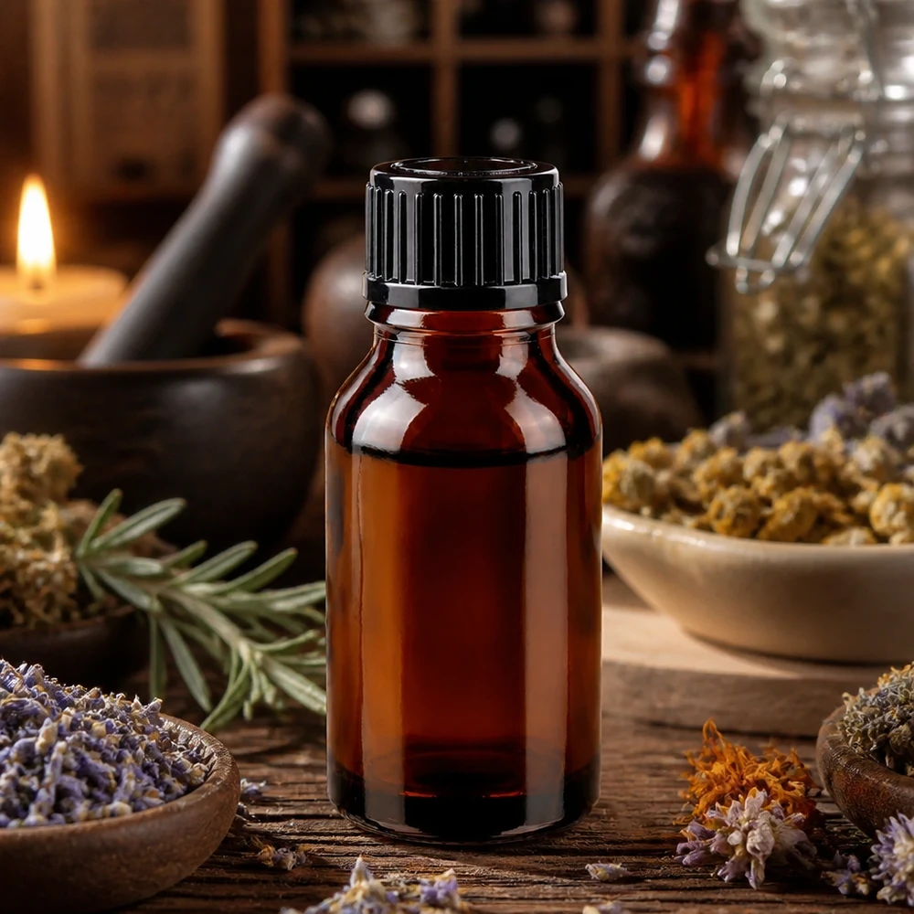 Frasco de farmácia castanho 15ml com tampa de rosca preta standard Pequeno frasco de vidro castanho de 15 ml com tampa de rosca preta, entre ervas medicinais secas