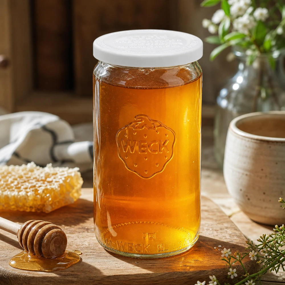 Frasco cilíndrico WECK de 340 ml cheio de mel e tampa branca de frescura RR60 sobre mesa de madeira com colher de mel