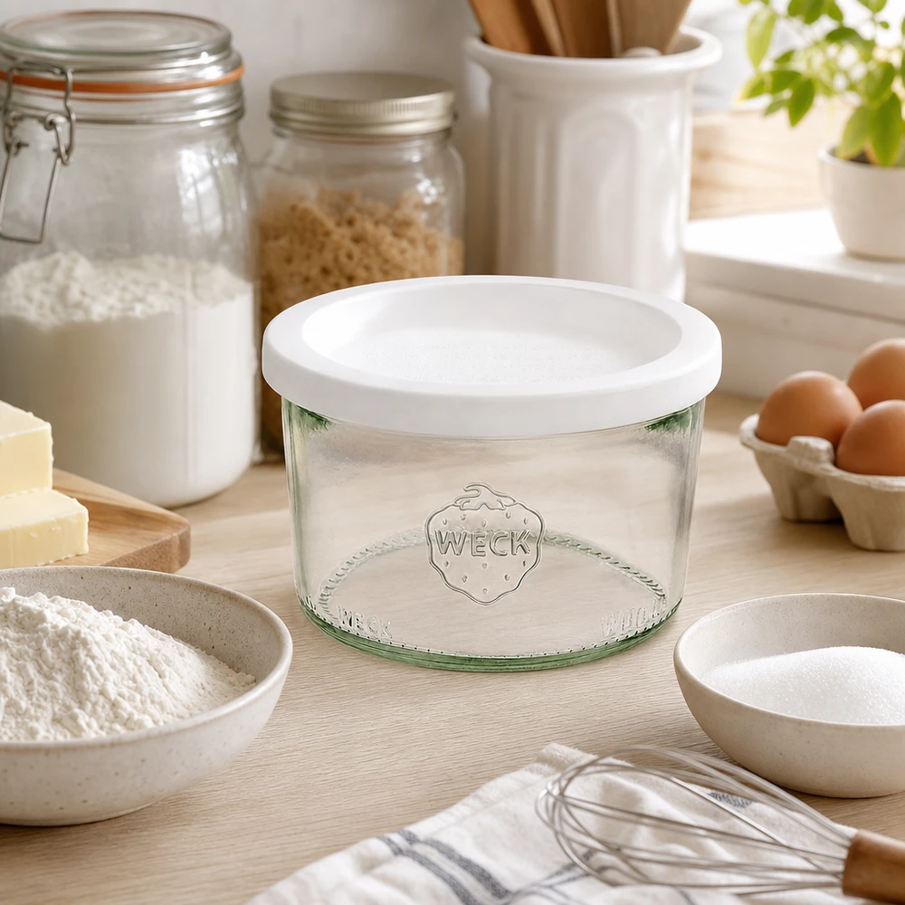 Copos de vidro de 200ml com tampa WECK RR80 WECK Sturzglas 200ml RR80 in ästhetischer Küche mit Backzutaten Mehl Eiern und Vorratsgläsern zum Backen