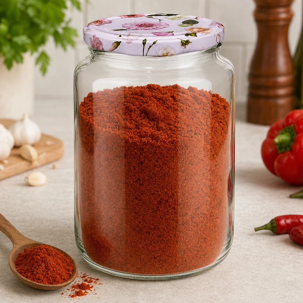 Frasco redondo de 795 ml cheio de pó de paprica vermelha Tampa BasicSeal Frasco de armazenamento de especiarias com padrão floral cor-de-rosa para cozinha