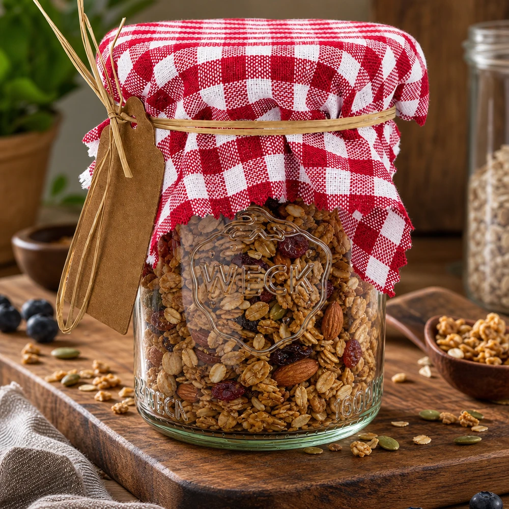 Cobertura para jóias em tecido xadrez bordeaux quadrado 12cm Bordeaux-kariertes Schmuckdeckchen 12cm auf Weckglas mit Müsli-Mix als dekorative Geschenkverpackung