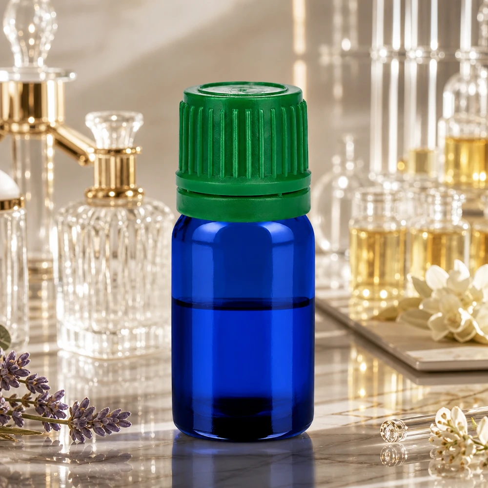 Frasco de vidro BlueLine de 5 ml com tampa verde estriada para armazenamento seguro dos óleos