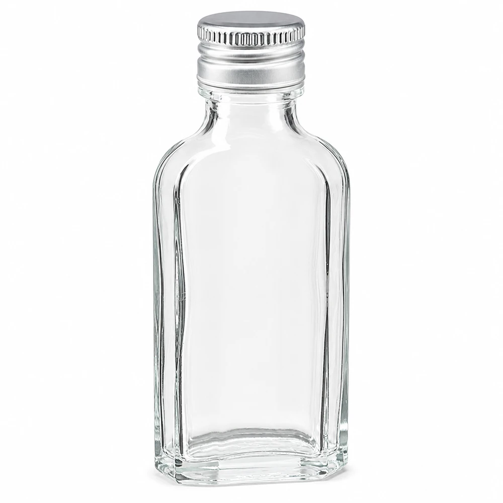 50 ml Meplat transparente com tampa de alumínio prata PP22 Frasco de vidro Meplat transparente de 50 ml com tampa de alumínio prateada PP22 para bebidas espirituosas e licores