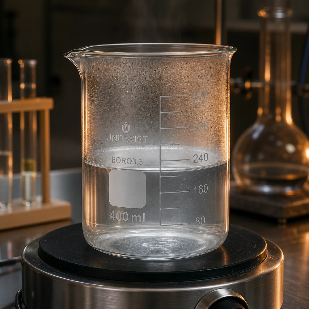 Copo de vidro transparente de 400 ml, de formato baixo, num agitador magnético com um líquido límpido no laboratório