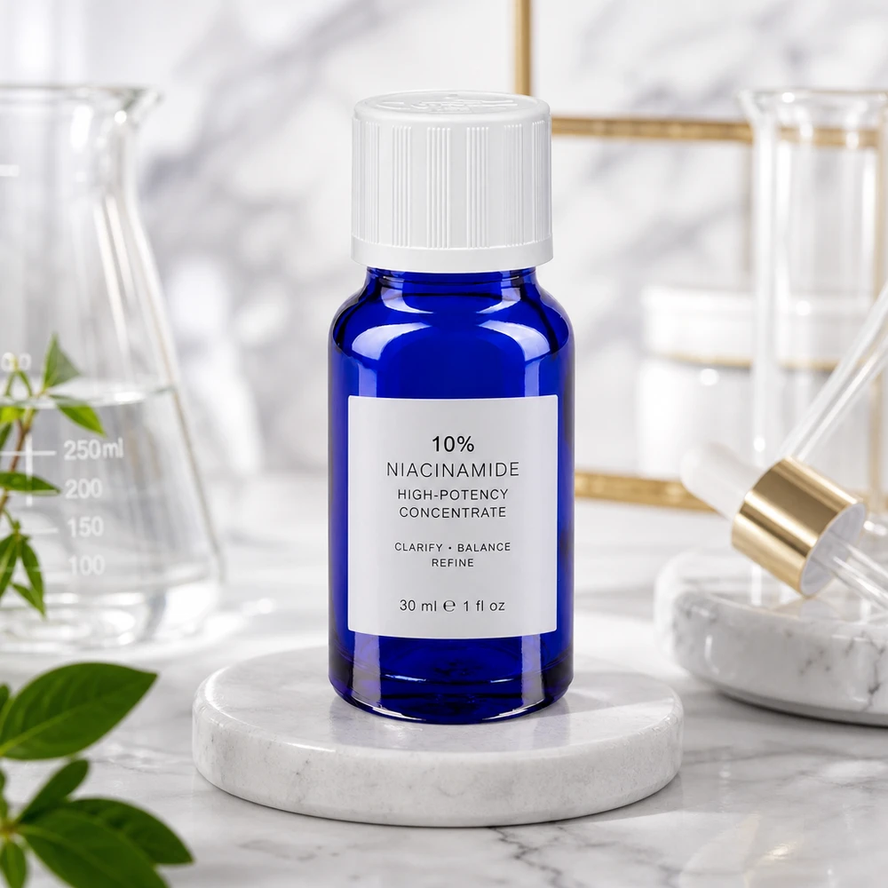 Frasco conta-gotas azul de 10 ml, em vidro de farmácia, com tampa de segurança para crianças branca, para o sérum de niacinamida