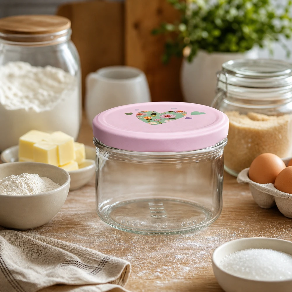 Jarro de 230 ml + tampa BasicSeal coração rosa Frasco cilíndrico vazio de 230 ml com tampa cor-de-rosa em forma de coração numa cozinha acolhedora entre ingredientes de pastelaria e frascos de arrumação