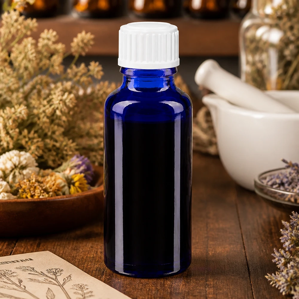 Frasco de vidro azul de 30 ml com tampa de rosca branca com segurança para crianças, para ervas medicinais secas