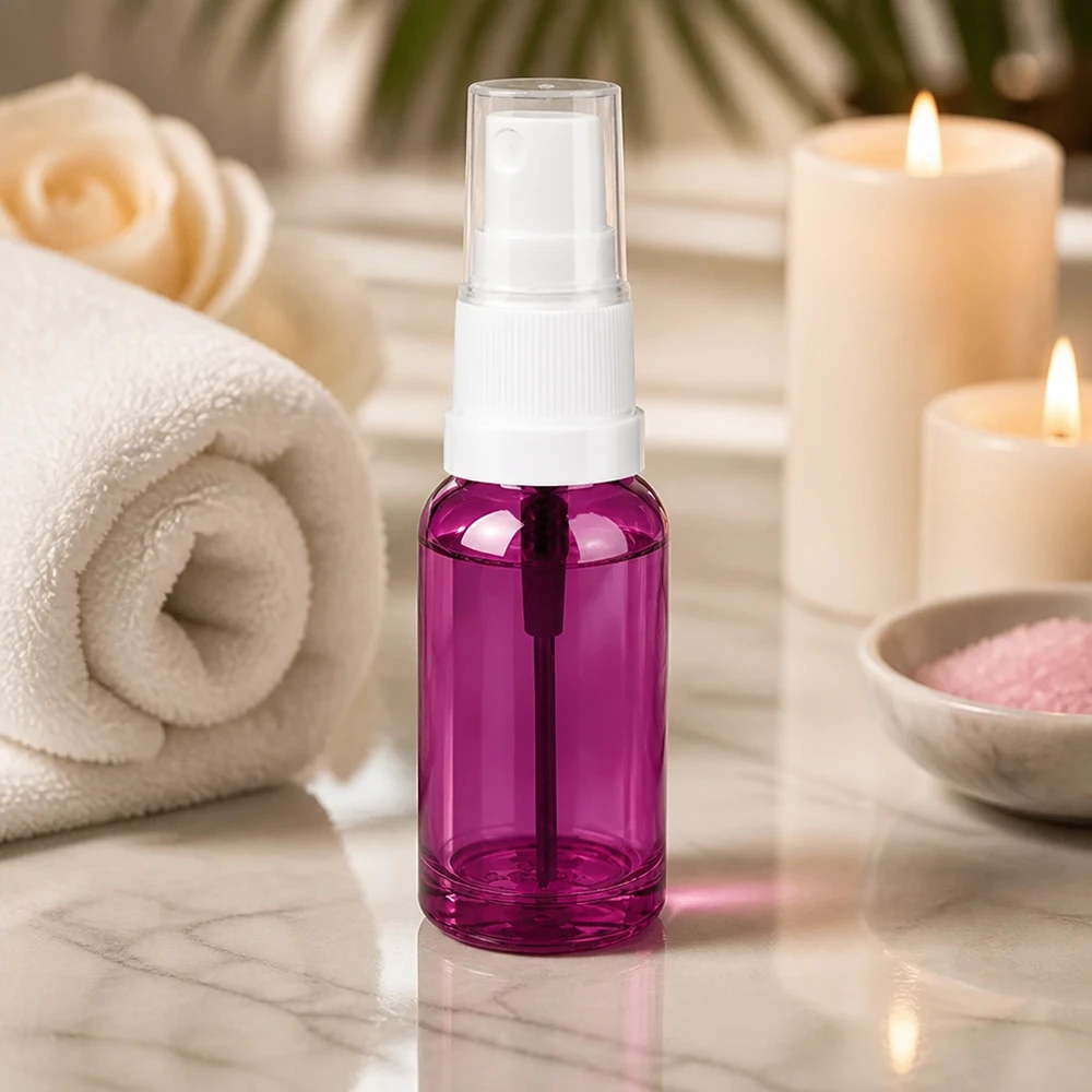 Frasco de spray de 20 ml com corpo roxo transparente e prático acessório de spray branco para beleza