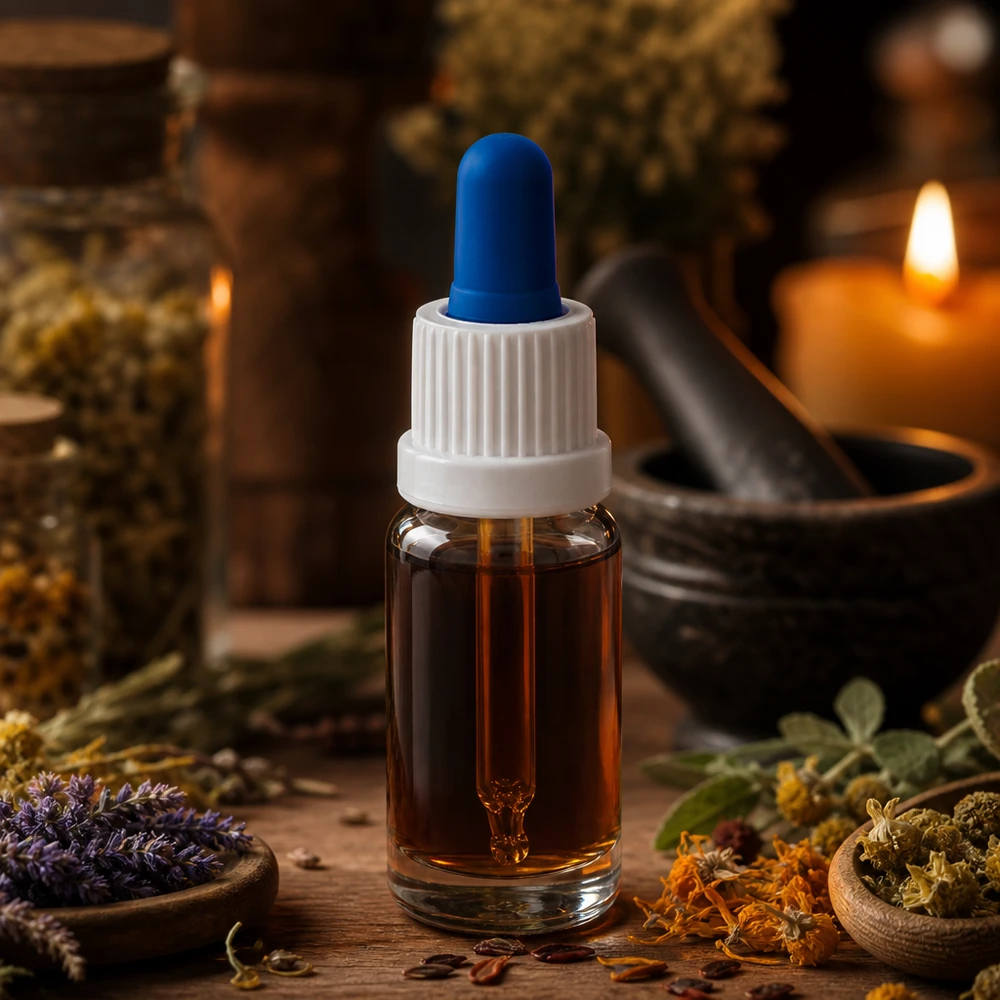 Frasco conta-gotas para aromaterapia de 10 ml em vidro transparente, com um almofariz para ervas e uma vela ao fundo