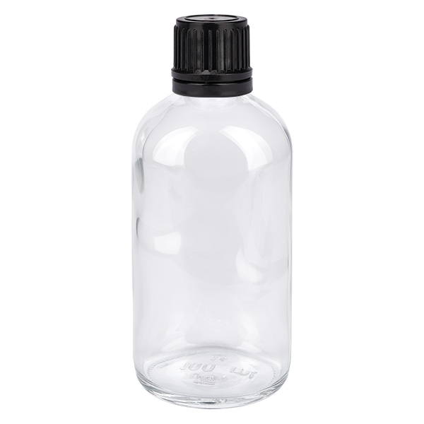 Frasco de 100ml (globule) 3mm anel de vazamento preto fecho padrão ClearLine UT18/1 Frasco de vidro transparente de 100 ml com tampa de rosca preta para glóbulos homeopáticos e produtos homeopáticos