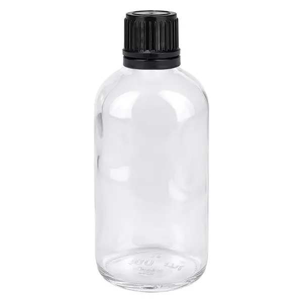 Frasco de 100ml (globule) 3mm anel de vazamento preto fecho padrão ClearLine UT18/1 Frasco de vidro transparente de 100 ml com tampa de rosca preta para glóbulos homeopáticos e produtos homeopáticos
