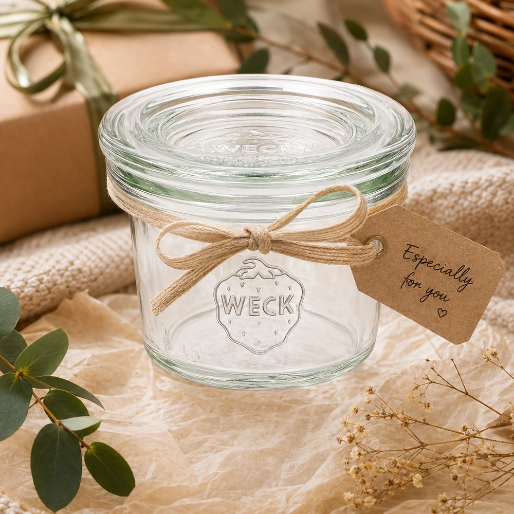 Copos WECK RR40 de 35 ml como presente, decorados com um laço e uma etiqueta num ambiente natural com plantas