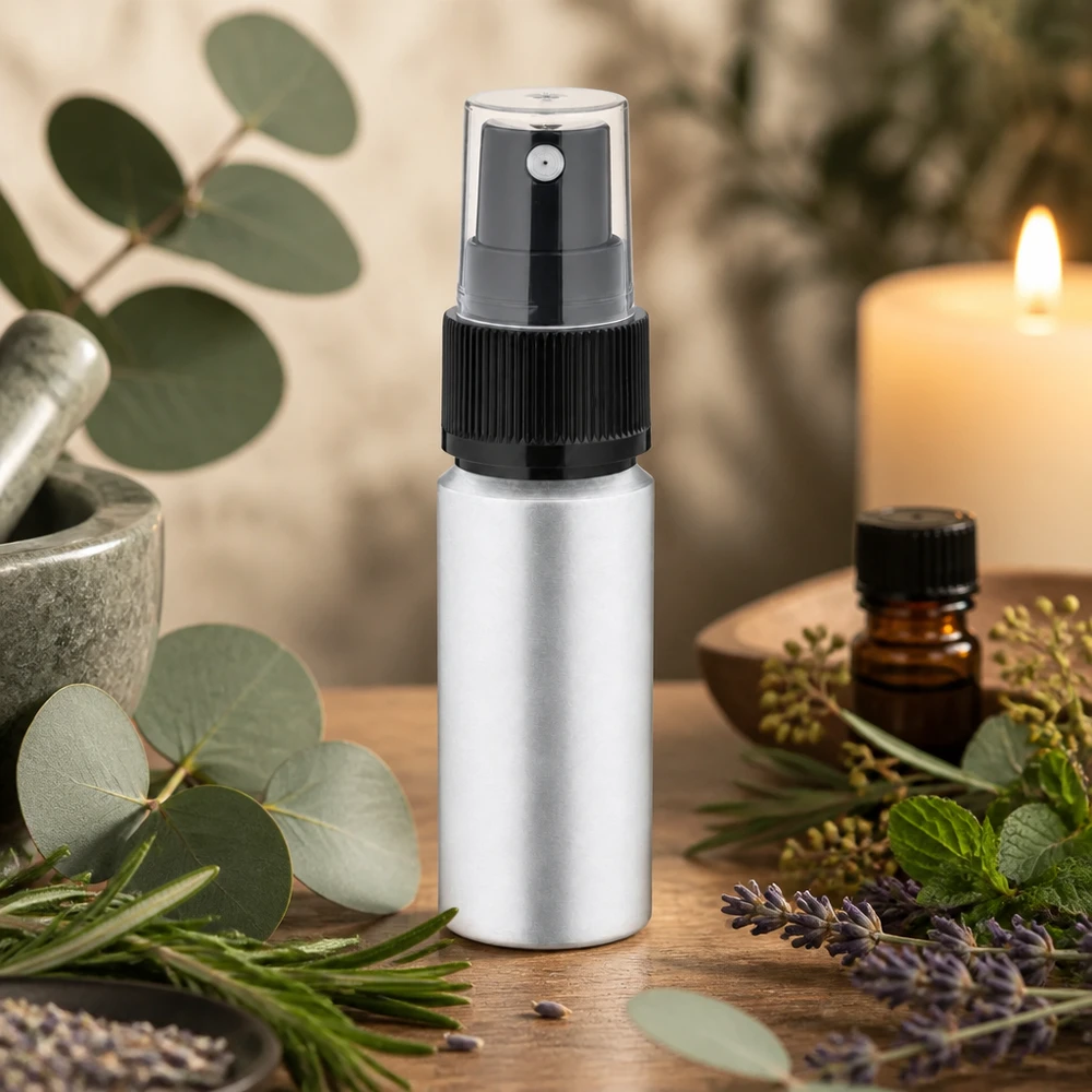 Frasco prateado de alumínio de 20 ml com um prático pulverizador, ideal para cosmética e aromaterapia