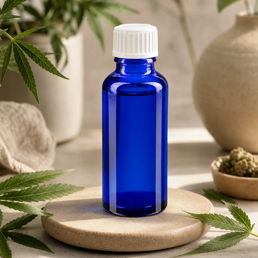 Frasco de farmácia azul 30ml tampa de rosca branco globules standard Pequeno frasco de vidro azul de 30 ml com tampa branca sobre uma pedra natural, entre plantas de canábis