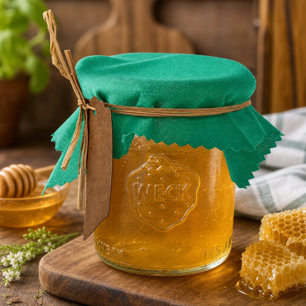 Guardanapo de tecido verde com 12 cm quadrados sobre frasco de mel com favo de mel e colher de pau - arrumação de cozinha natural