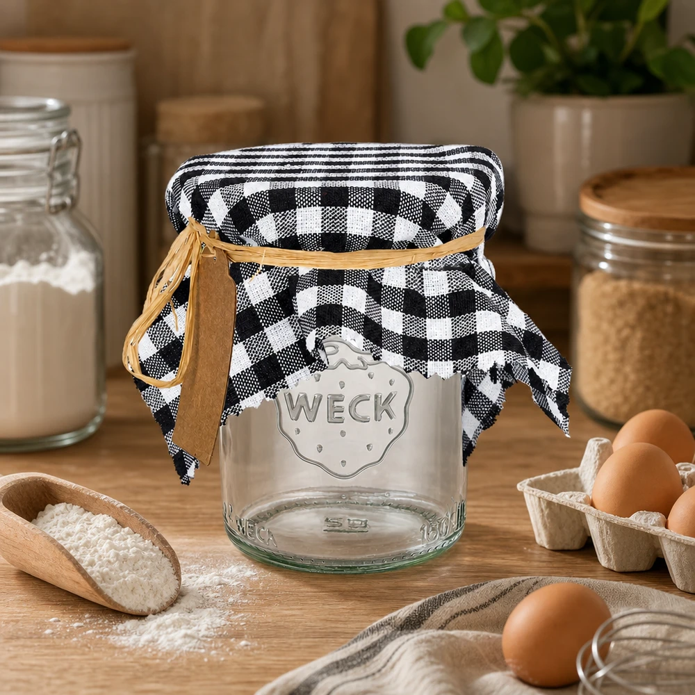 Guardanapo decorativo axadrezado preto com alça de couro no frasco WECK ao lado de ovos e farinha na cozinha rústica 15cm quadrado