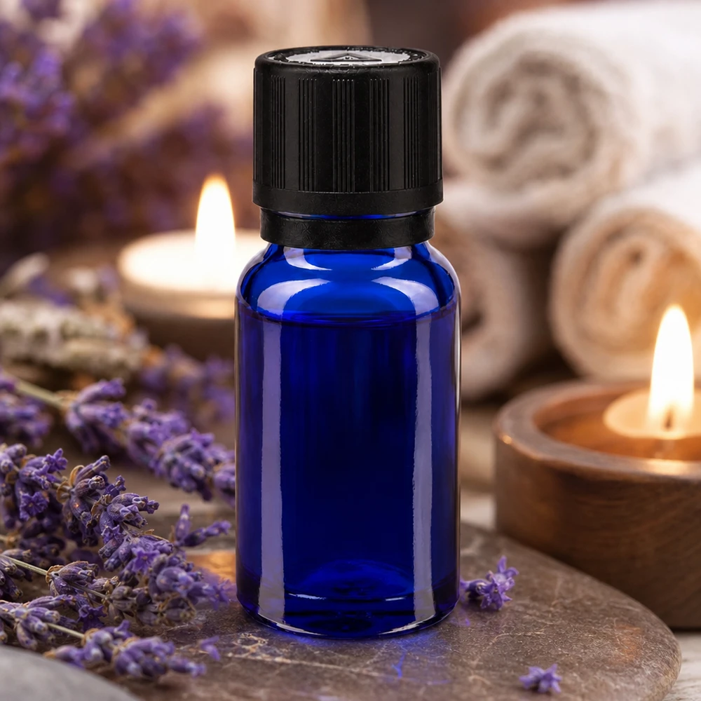 Frasco de vidro azul de 10 ml com conta-gotas, entre flores de lavanda e velas, num ambiente de spa